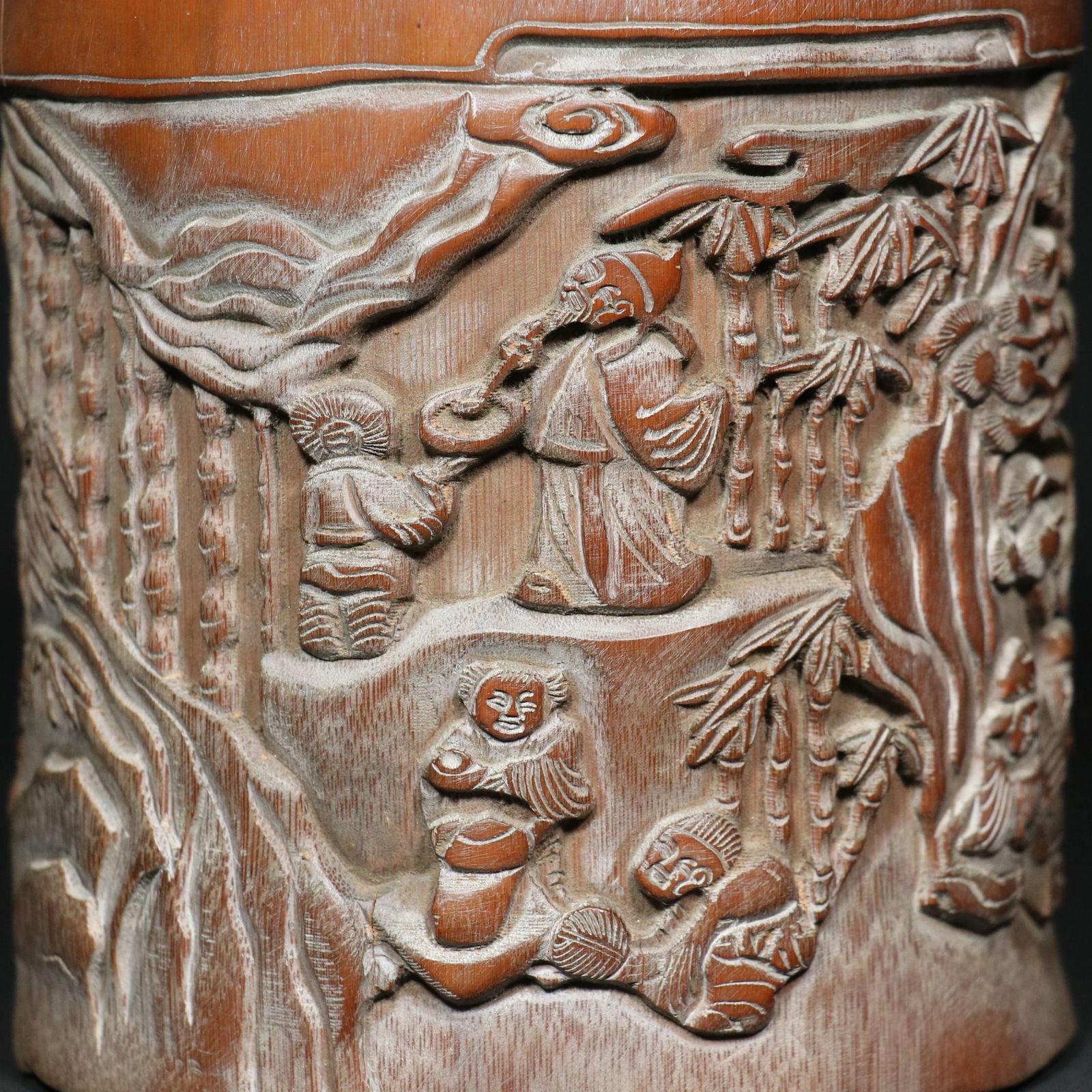 Old Chinese Bamboo Carved Sages Brush Pot - 8
