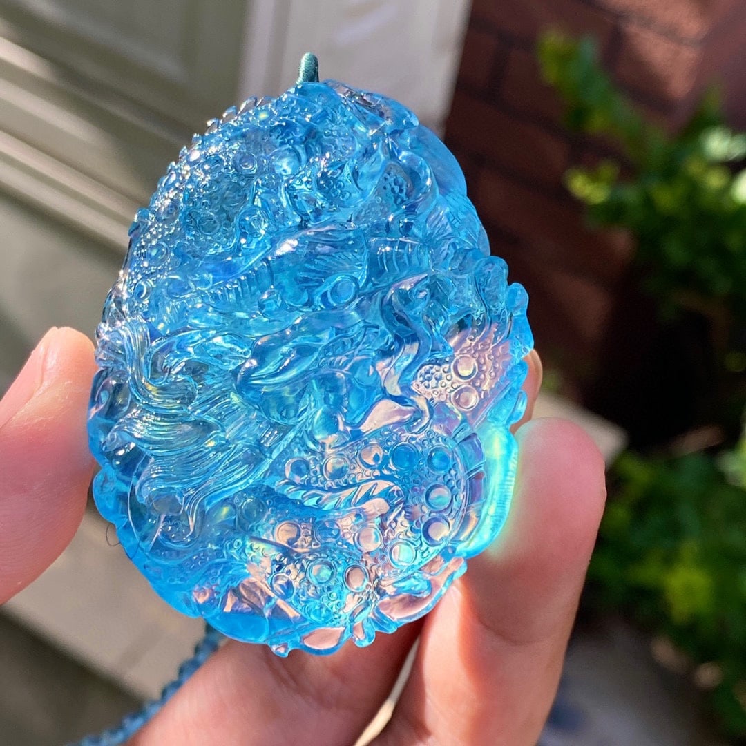 Hand-carved Natural Aquamarine Dragon Pendant with Certificate - 2