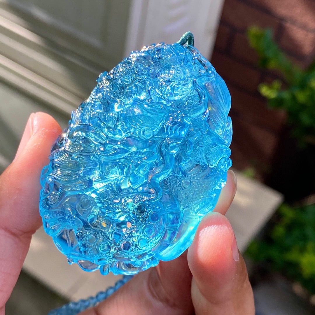 Hand-carved Natural Aquamarine Dragon Pendant with Certificate - 5