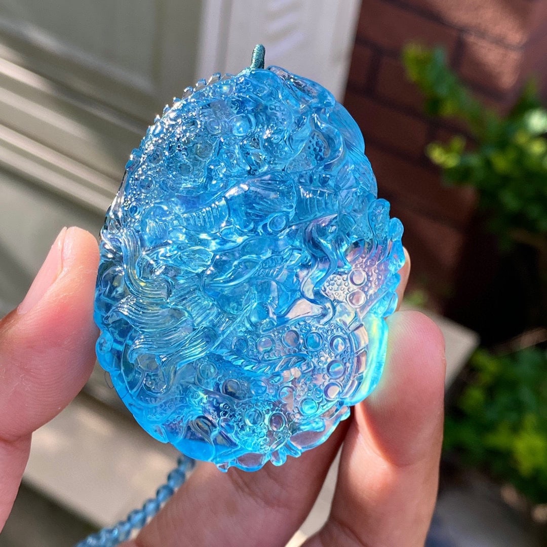 Hand-carved Natural Aquamarine Dragon Pendant with Certificate - 6