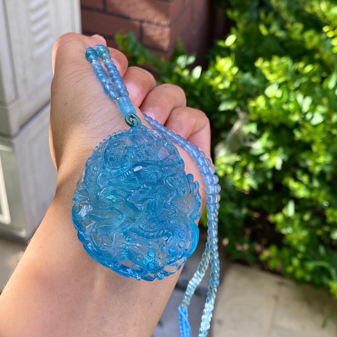 Hand-carved Natural Aquamarine Dragon Pendant with Certificate - 7