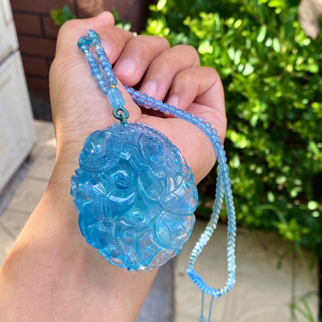 Hand-carved Natural Aquamarine Dragon Pendant with Certificate - 9