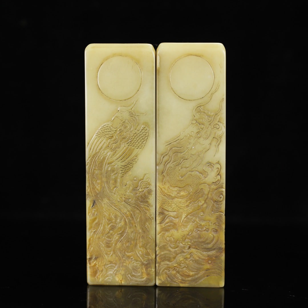 A Pair Chinese Shoushan Stone Dragon Phoenix Seal Statue - 10