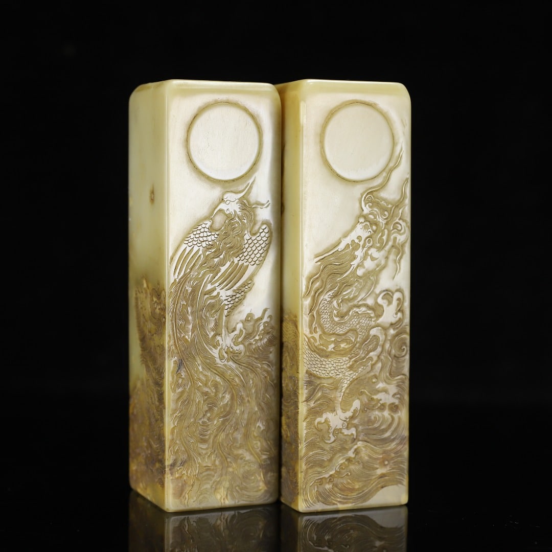 A Pair Chinese Shoushan Stone Dragon Phoenix Seal Statue (1 of 10)