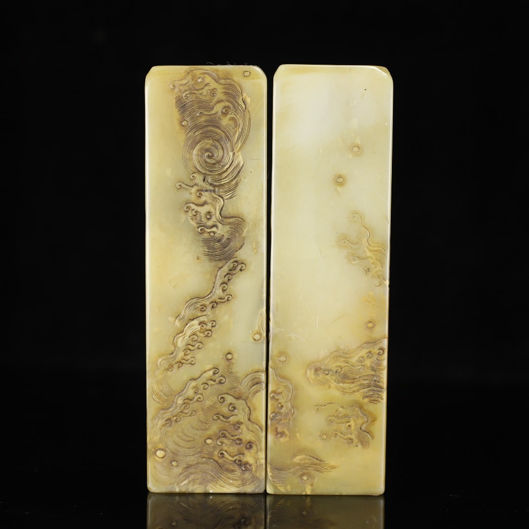 A Pair Chinese Shoushan Stone Dragon Phoenix Seal Statue - 2