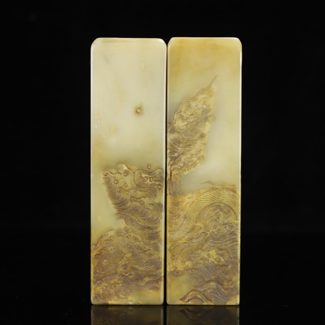 A Pair Chinese Shoushan Stone Dragon Phoenix Seal Statue - 4