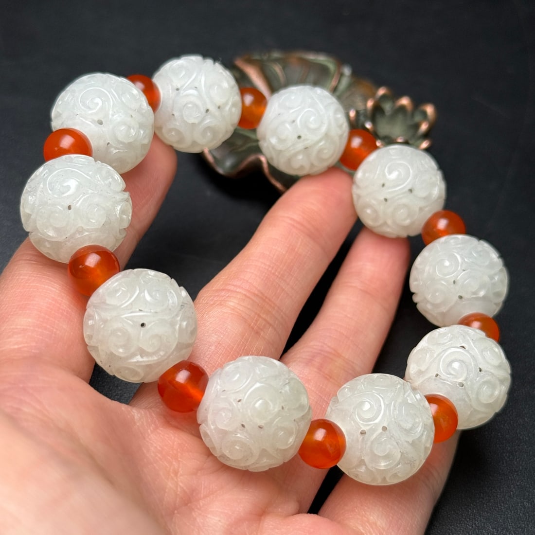 Openwork Chinese Hetian Jade Beads Hand Chain - 9