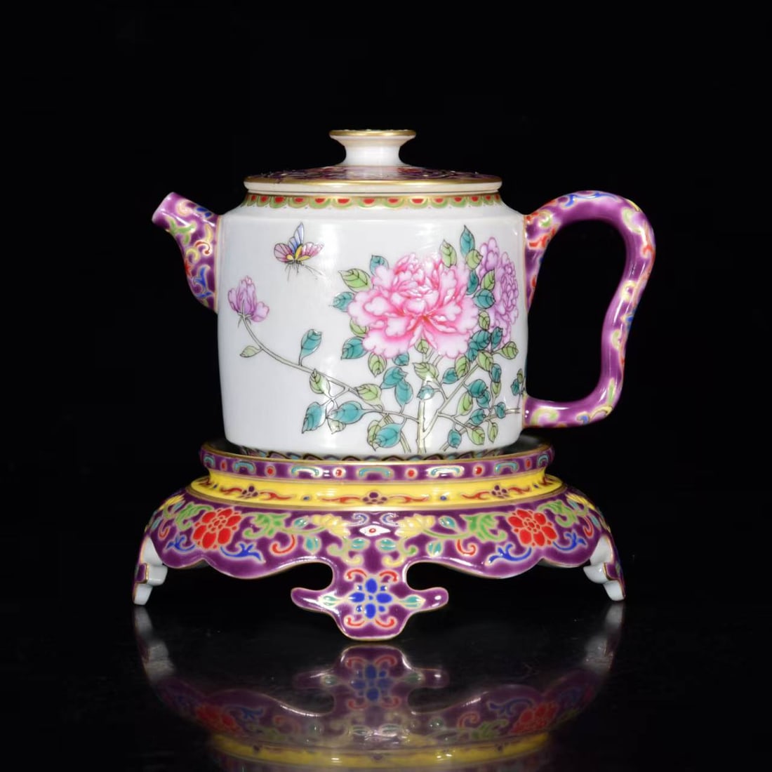 Chinese Famille Rose Flower & Butterfly Porcelain Teapot (1 of 9)