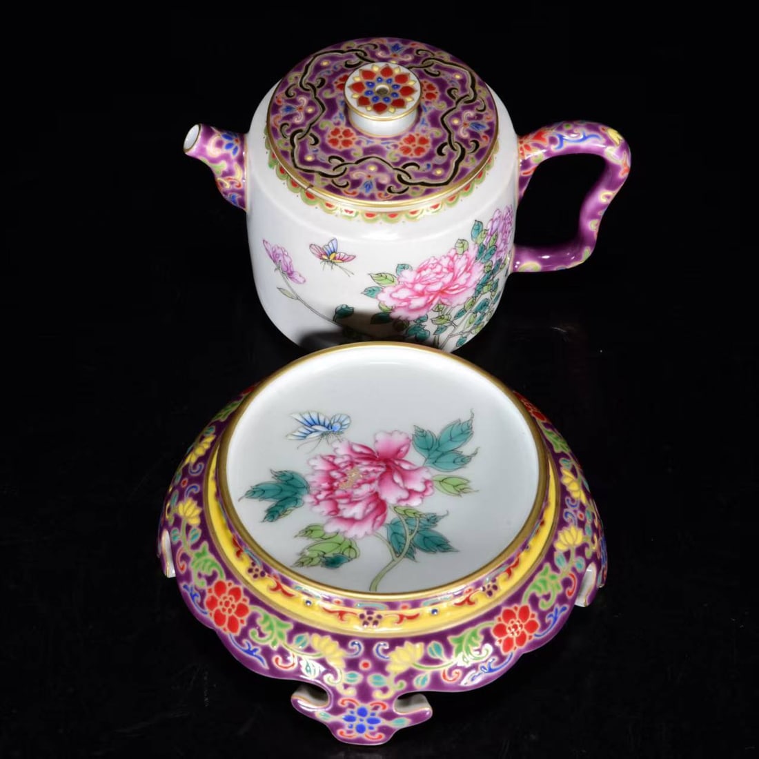 Chinese Famille Rose Flower & Butterfly Porcelain Teapot - 3