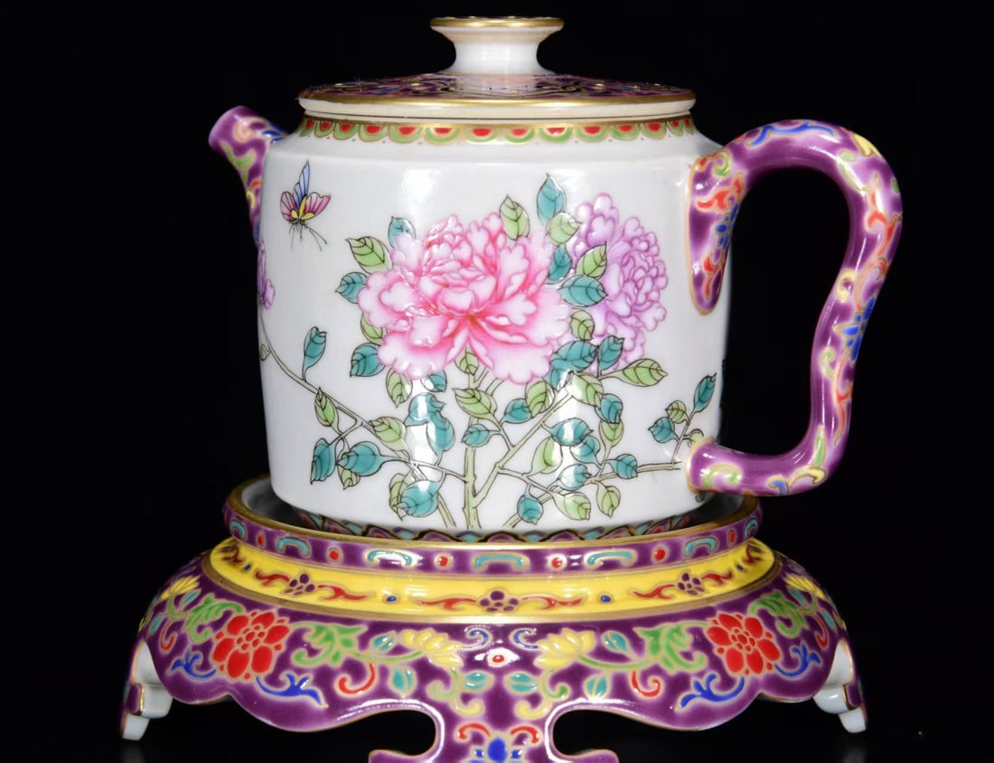 Chinese Famille Rose Flower & Butterfly Porcelain Teapot - 5