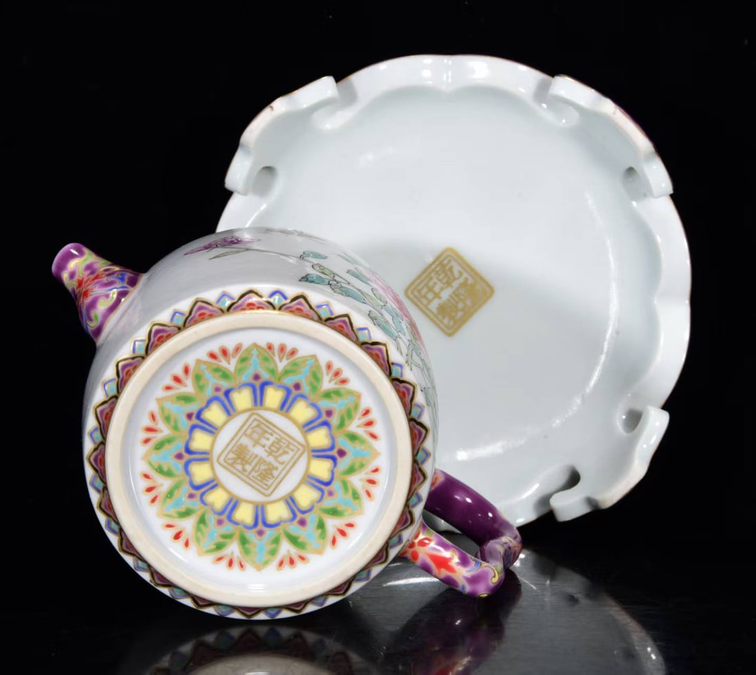 Chinese Famille Rose Flower & Butterfly Porcelain Teapot - 9
