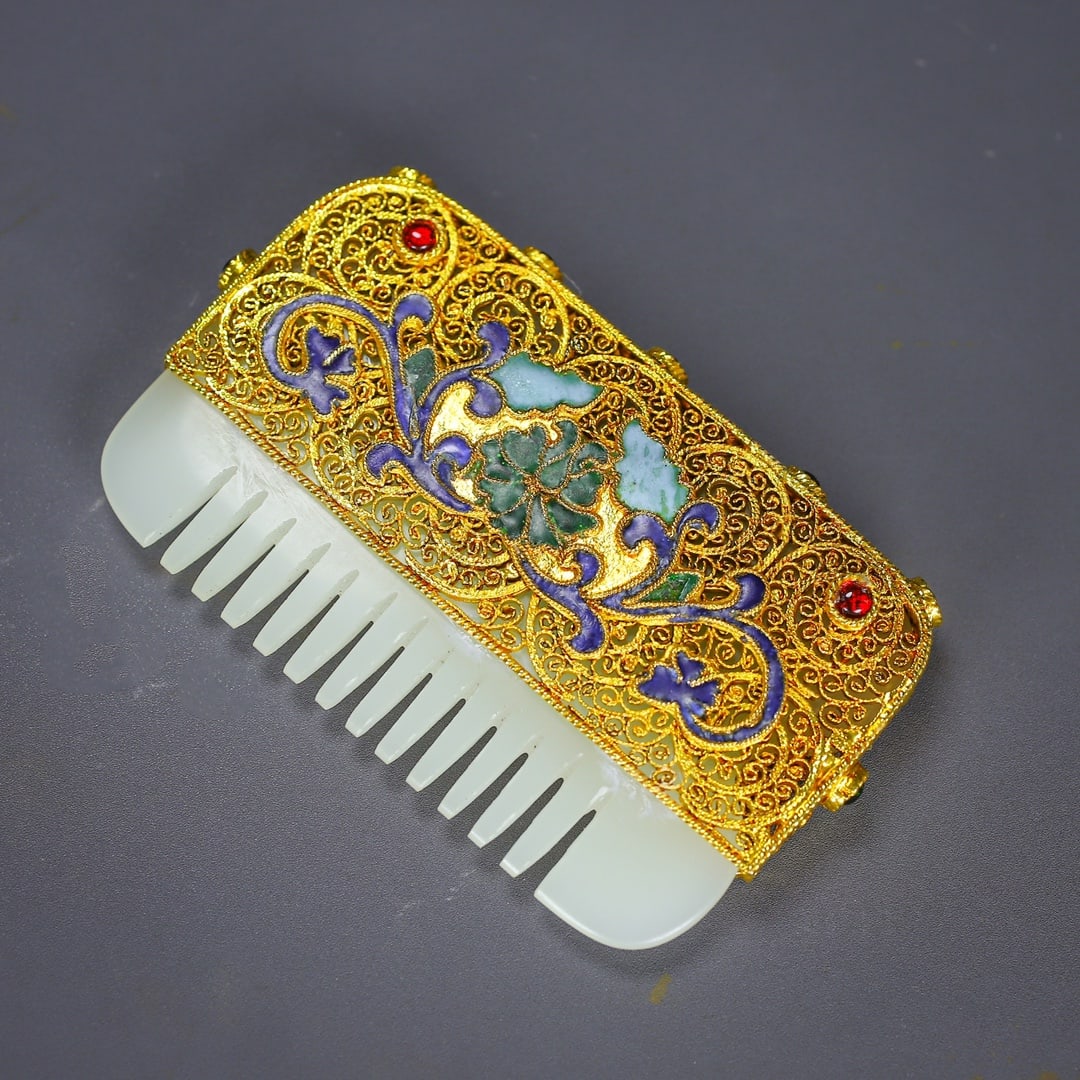 Excellent Chinese Gold Wires Enamel Inlay Hetian Jade Comb - 10