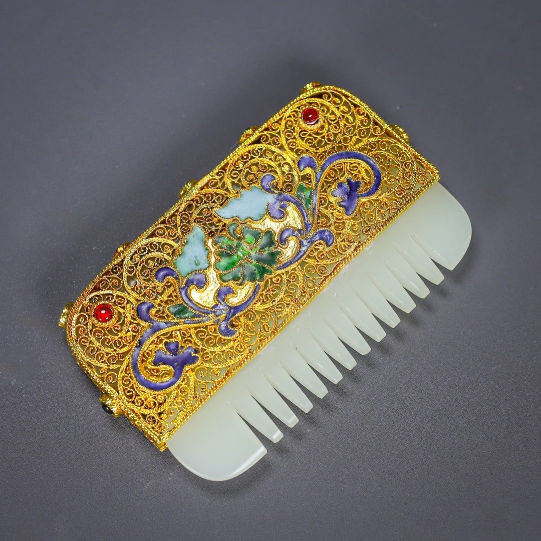 Excellent Chinese Gold Wires Enamel Inlay Hetian Jade Comb - 2