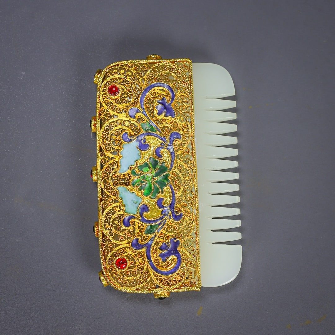 Excellent Chinese Gold Wires Enamel Inlay Hetian Jade Comb - 3