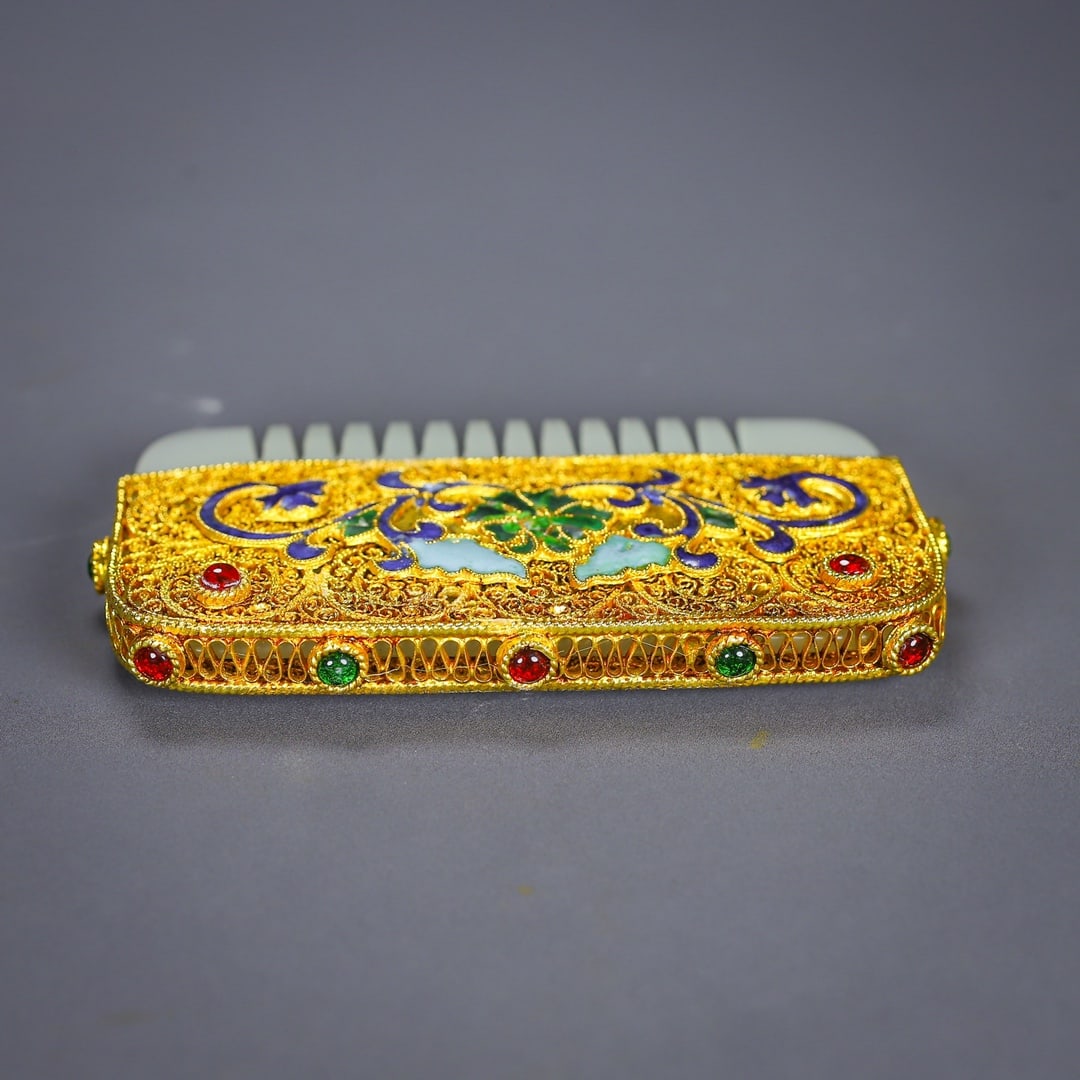 Excellent Chinese Gold Wires Enamel Inlay Hetian Jade Comb - 5