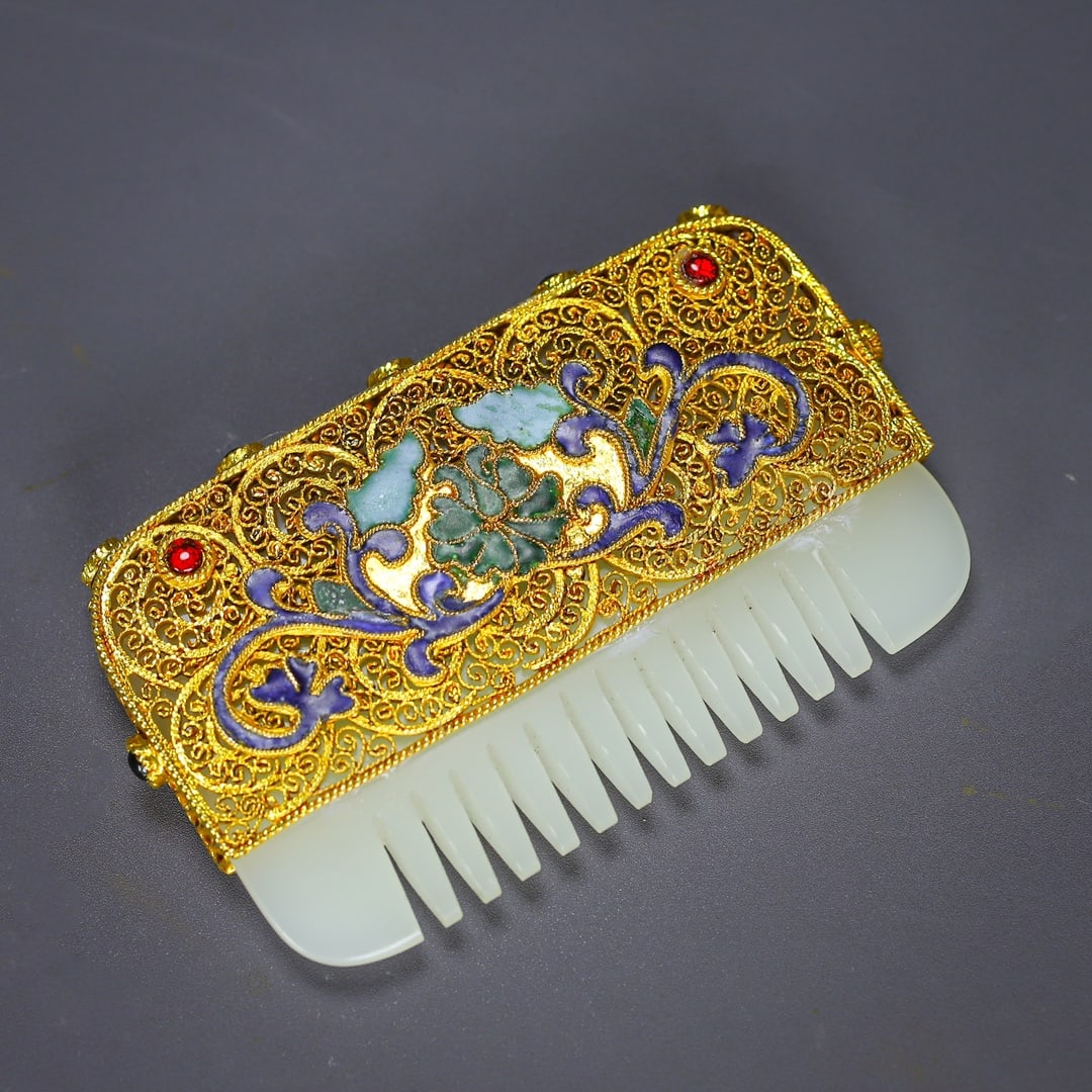Excellent Chinese Gold Wires Enamel Inlay Hetian Jade Comb - 6