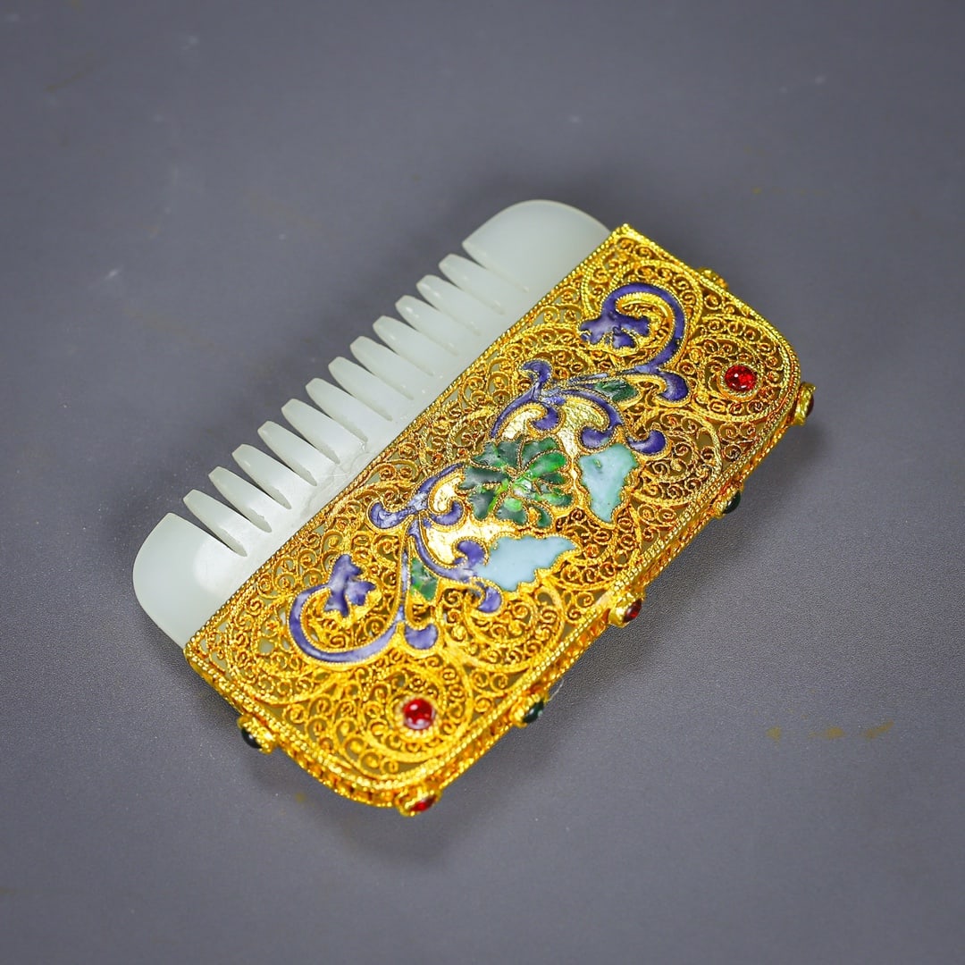 Excellent Chinese Gold Wires Enamel Inlay Hetian Jade Comb - 7
