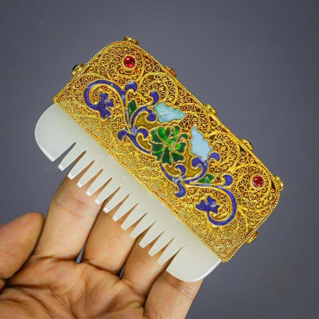 Excellent Chinese Gold Wires Enamel Inlay Hetian Jade Comb - 8