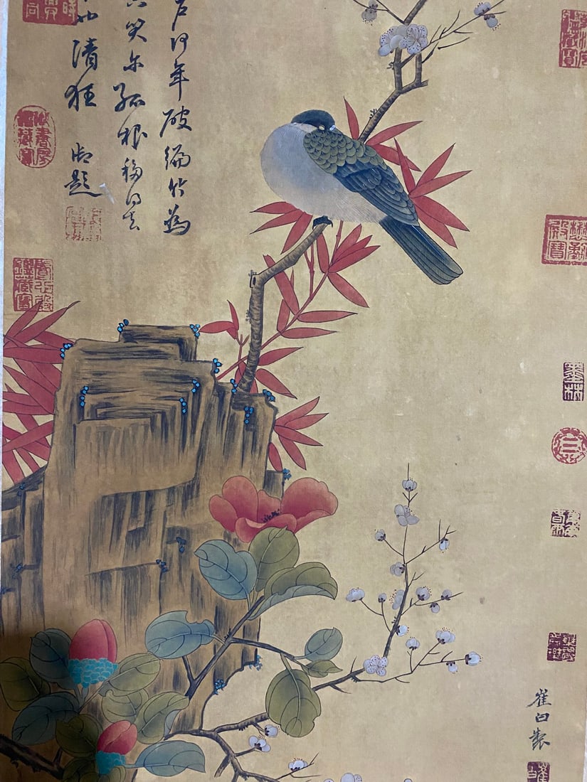 Chinese Watercolour On Silk Flower Bird Design Painting - 8