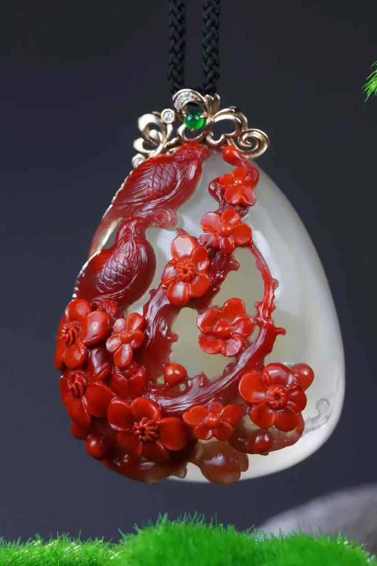 Hand-carved Nanhong Agate Magpie & Plum blossom Pendant with Certificate - 3