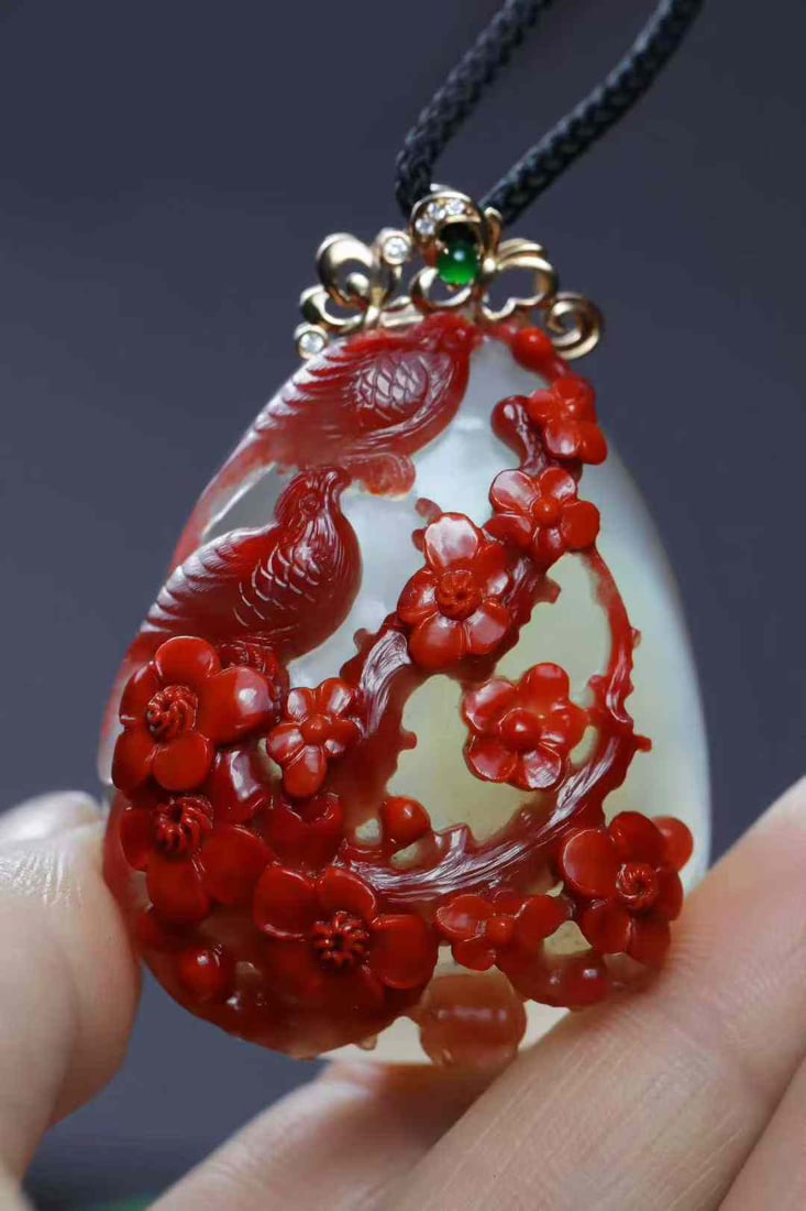 Hand-carved Nanhong Agate Magpie & Plum blossom Pendant with Certificate - 5
