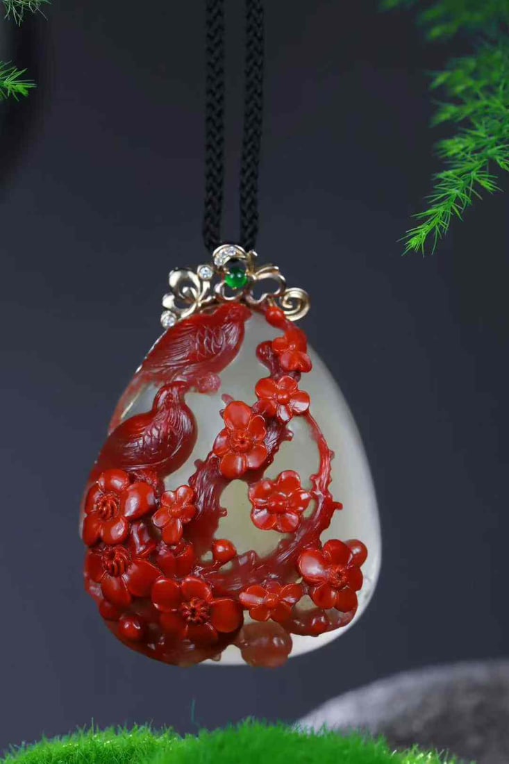 Hand-carved Nanhong Agate Magpie & Plum blossom Pendant with Certificate - 6