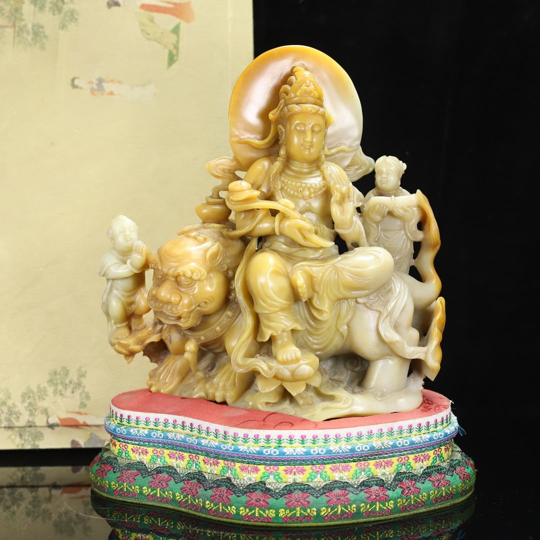 Superb Chinese Shoushan Stone Tianhuang Stone Manjusri & Lion Statue - 10