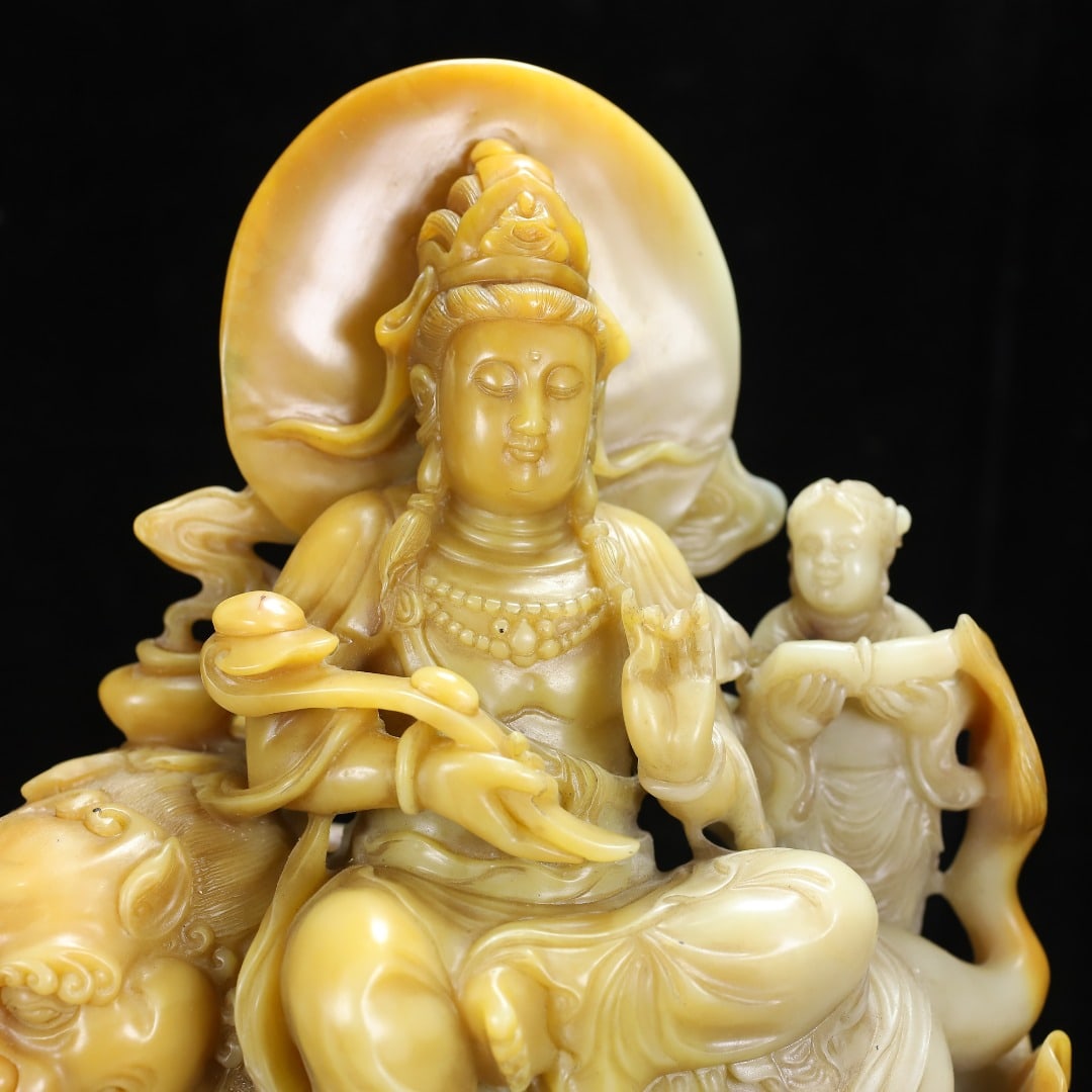 Superb Chinese Shoushan Stone Tianhuang Stone Manjusri & Lion Statue - 2