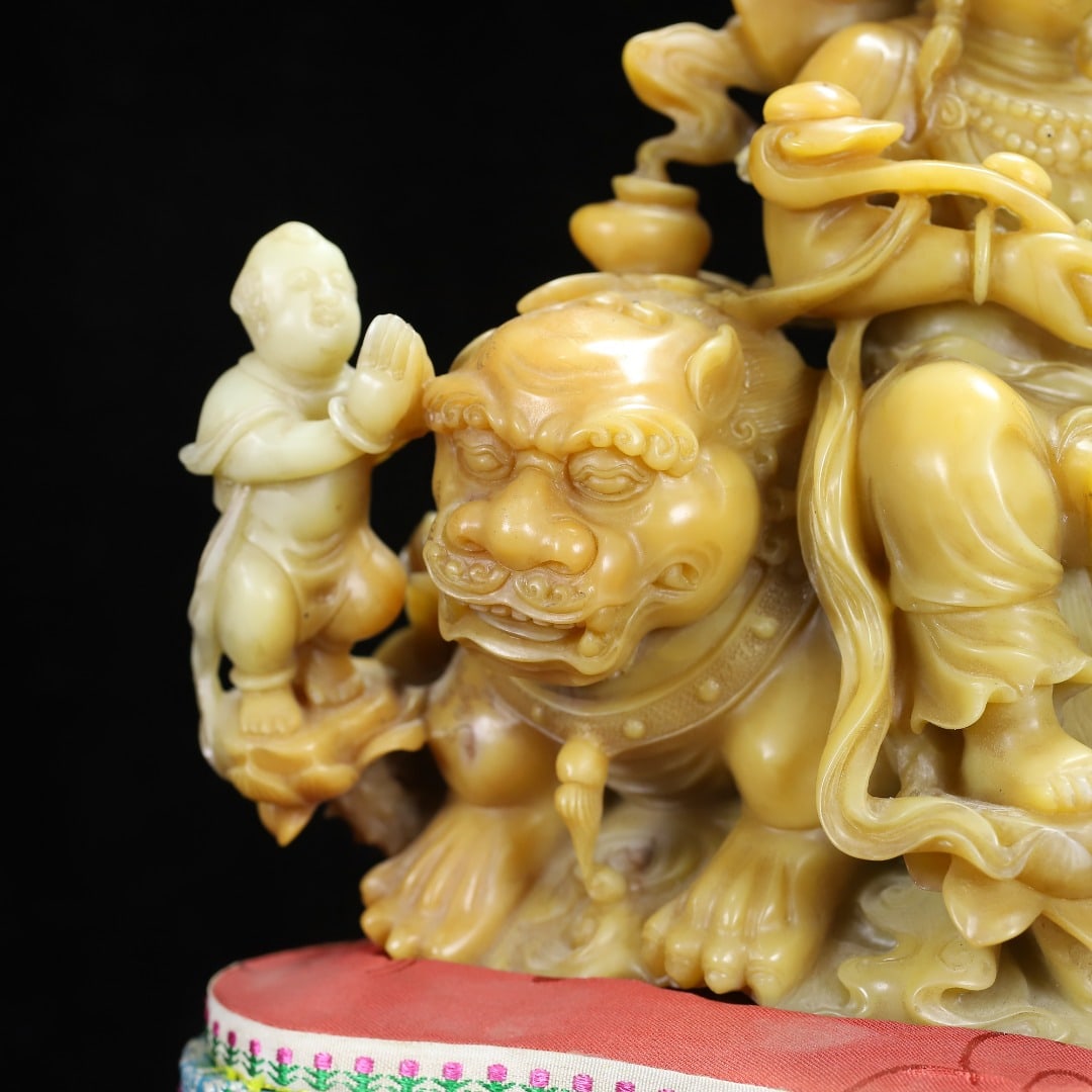 Superb Chinese Shoushan Stone Tianhuang Stone Manjusri & Lion Statue - 3