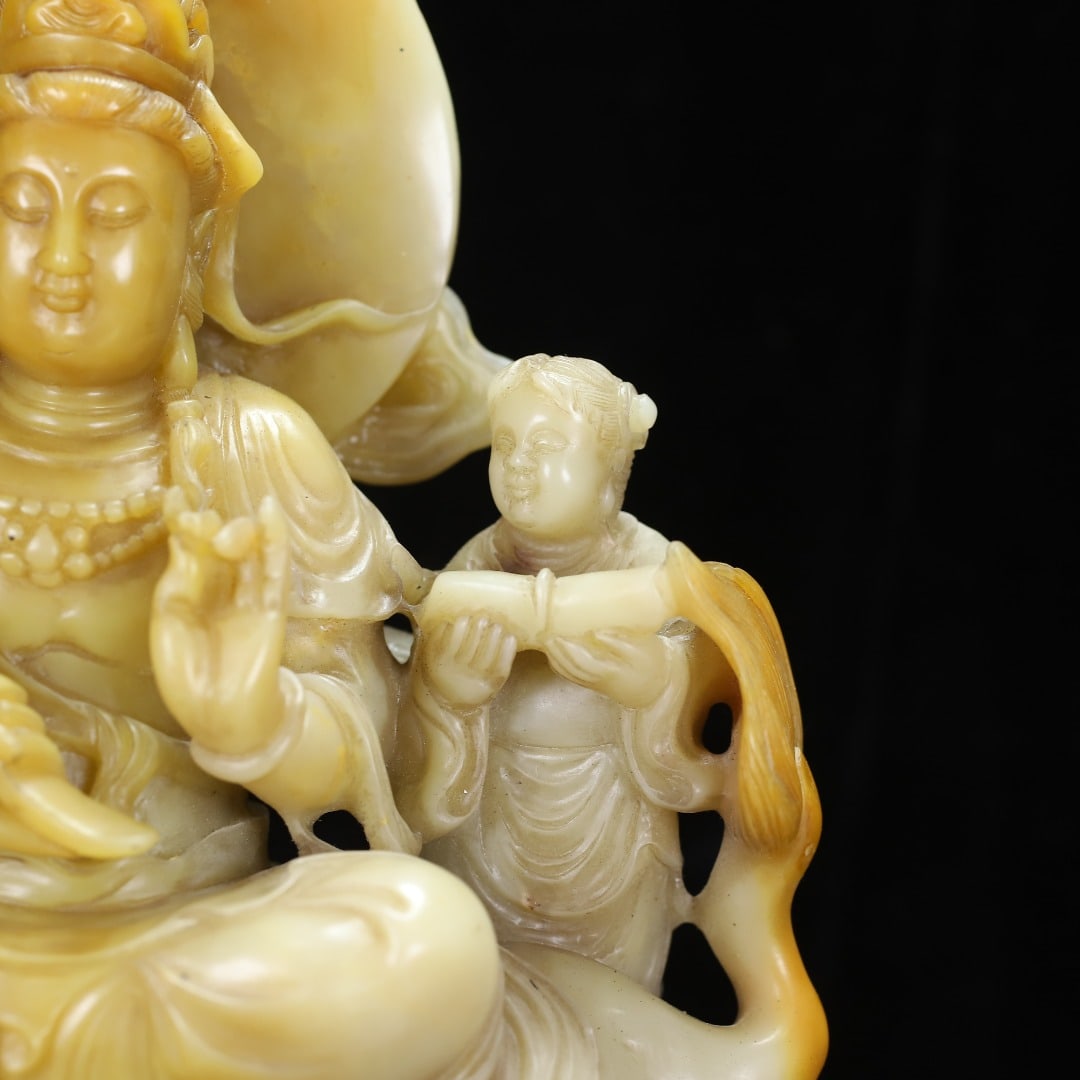 Superb Chinese Shoushan Stone Tianhuang Stone Manjusri & Lion Statue - 5