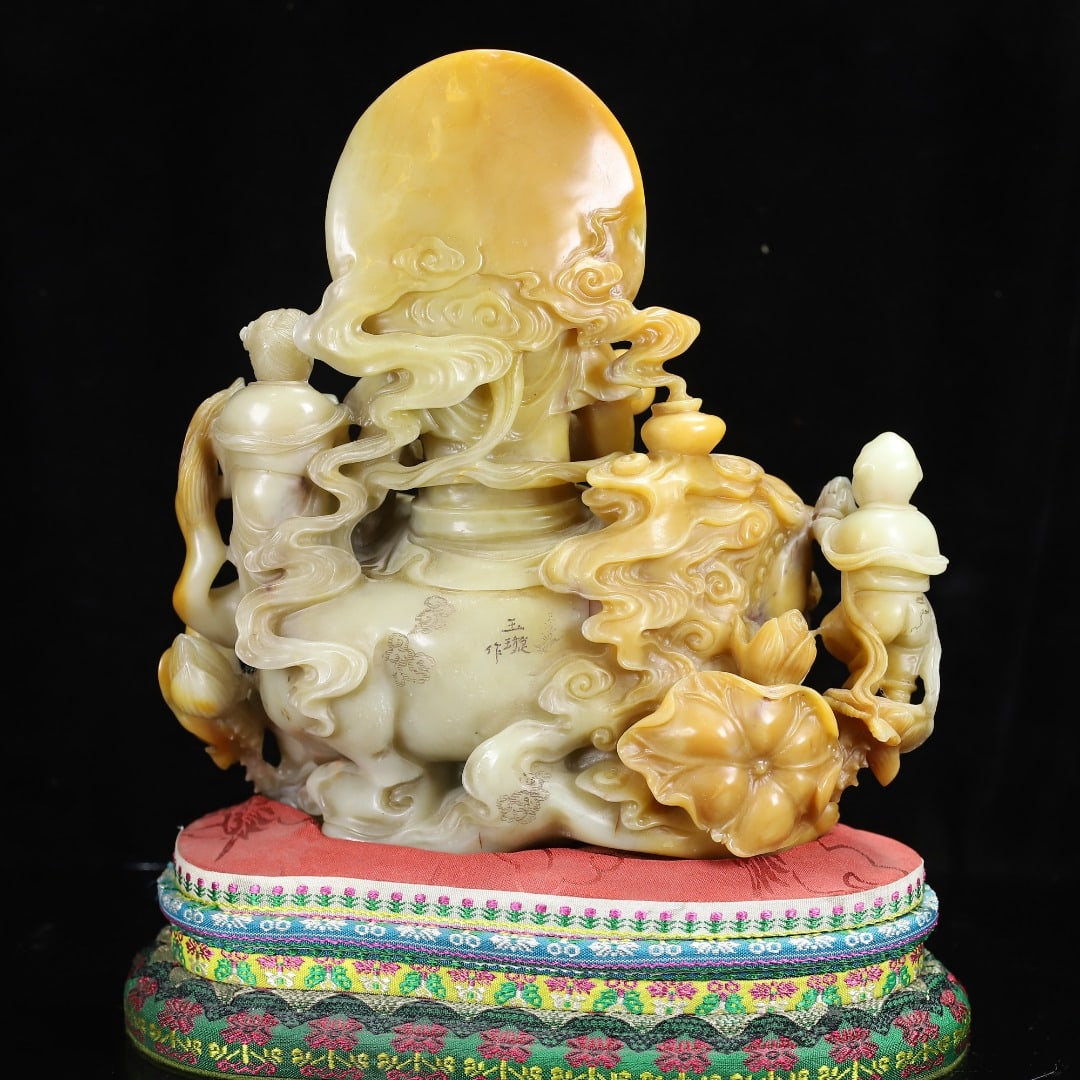 Superb Chinese Shoushan Stone Tianhuang Stone Manjusri & Lion Statue - 7