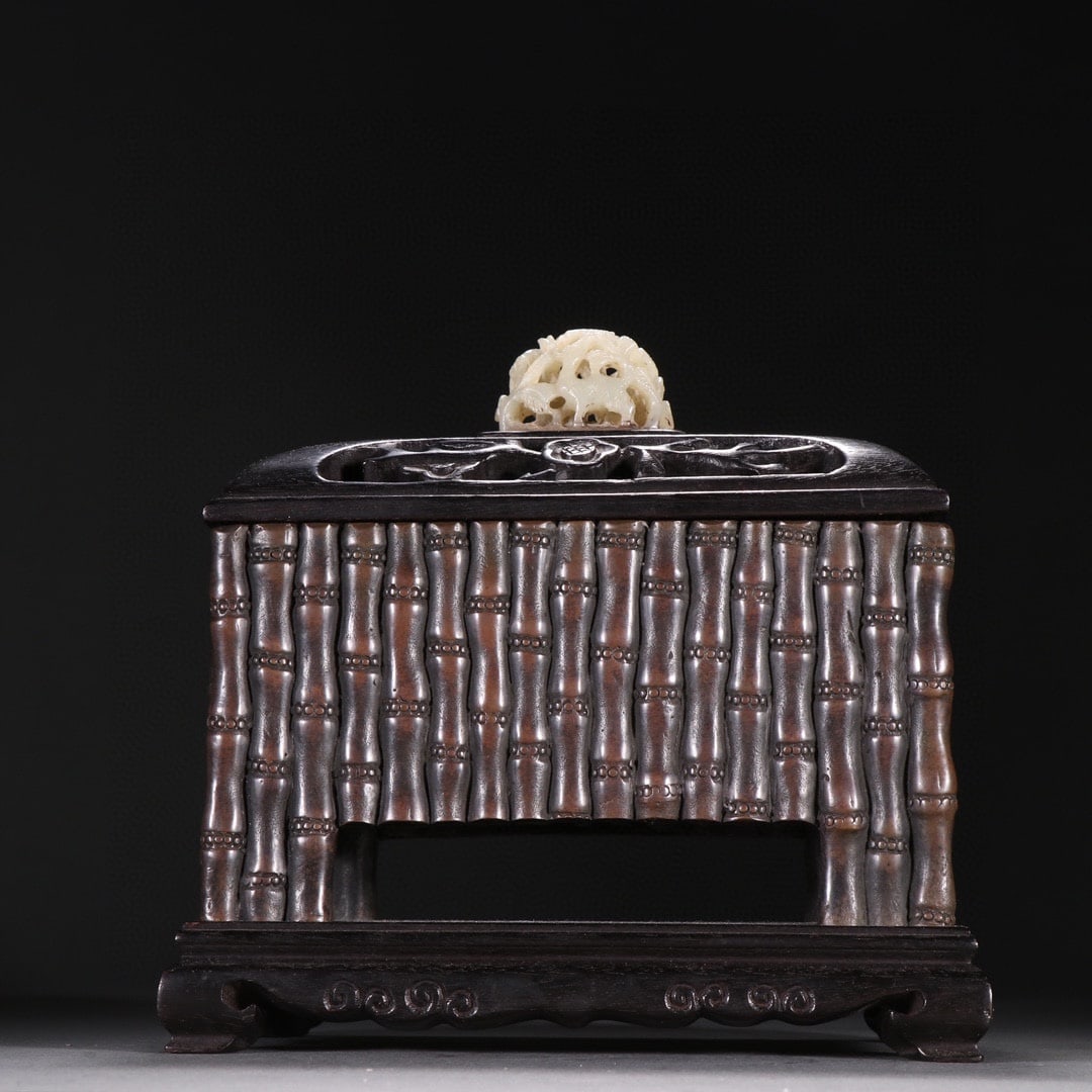 Old Chinese Copper bamboo joint Incense Burner w Zitian Wood Inlay Hetian Jade Lid (1 of 9)