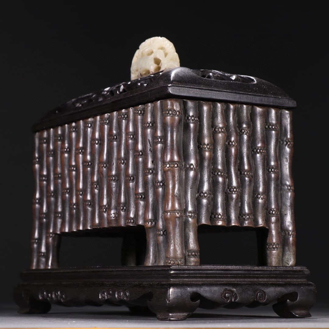 Old Chinese Copper bamboo joint Incense Burner w Zitian Wood Inlay Hetian Jade Lid - 2
