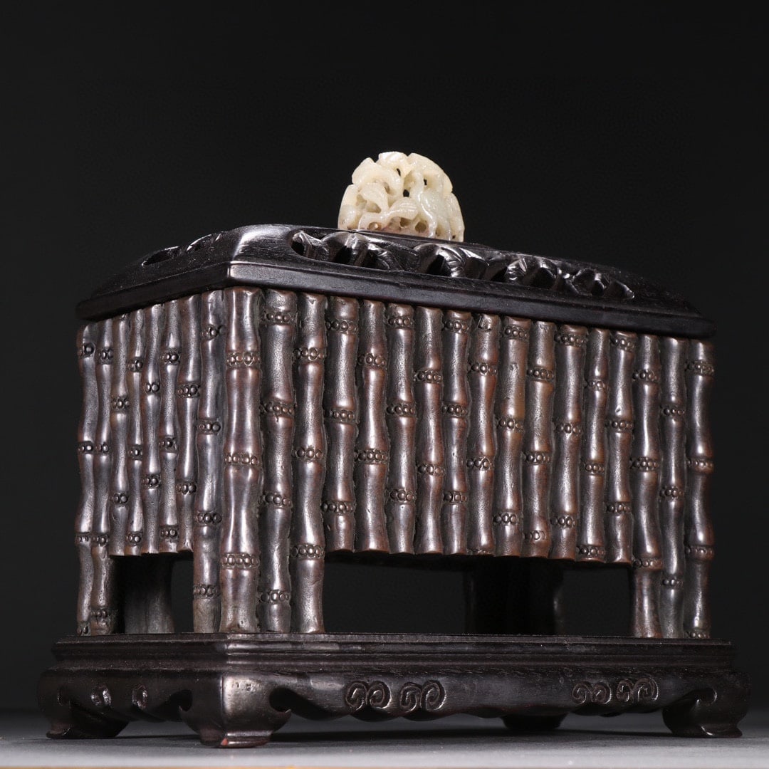 Old Chinese Copper bamboo joint Incense Burner w Zitian Wood Inlay Hetian Jade Lid - 3