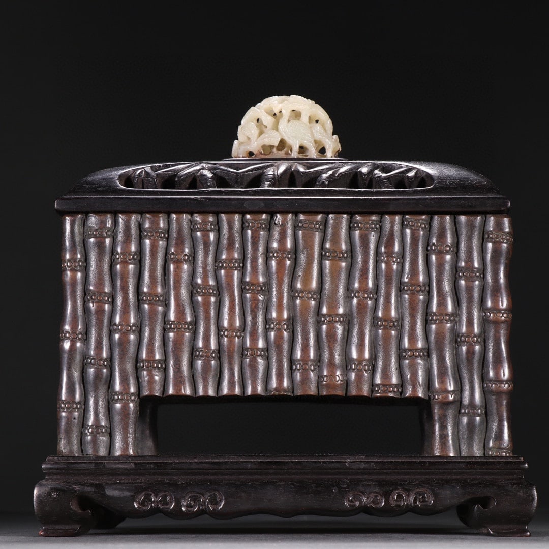 Old Chinese Copper bamboo joint Incense Burner w Zitian Wood Inlay Hetian Jade Lid - 4
