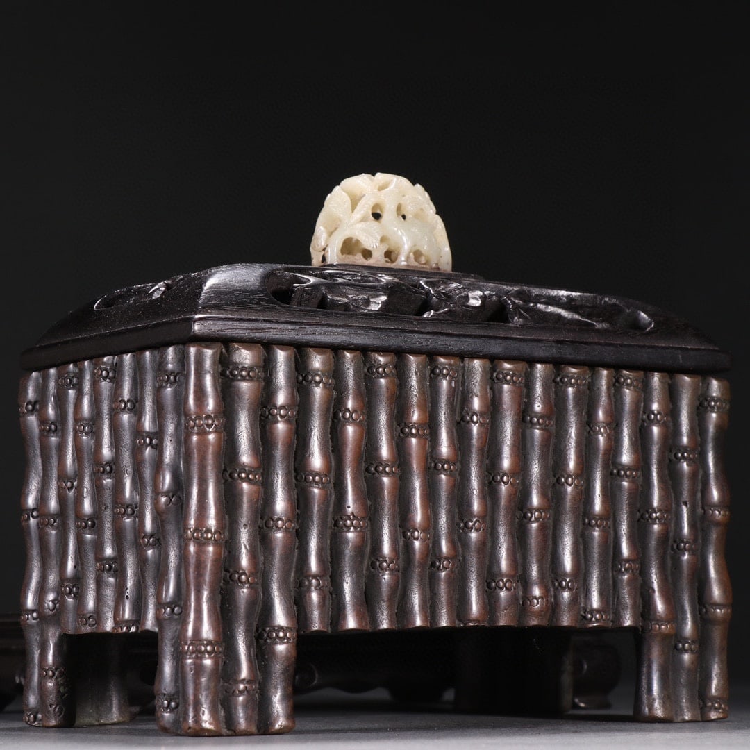 Old Chinese Copper bamboo joint Incense Burner w Zitian Wood Inlay Hetian Jade Lid - 7
