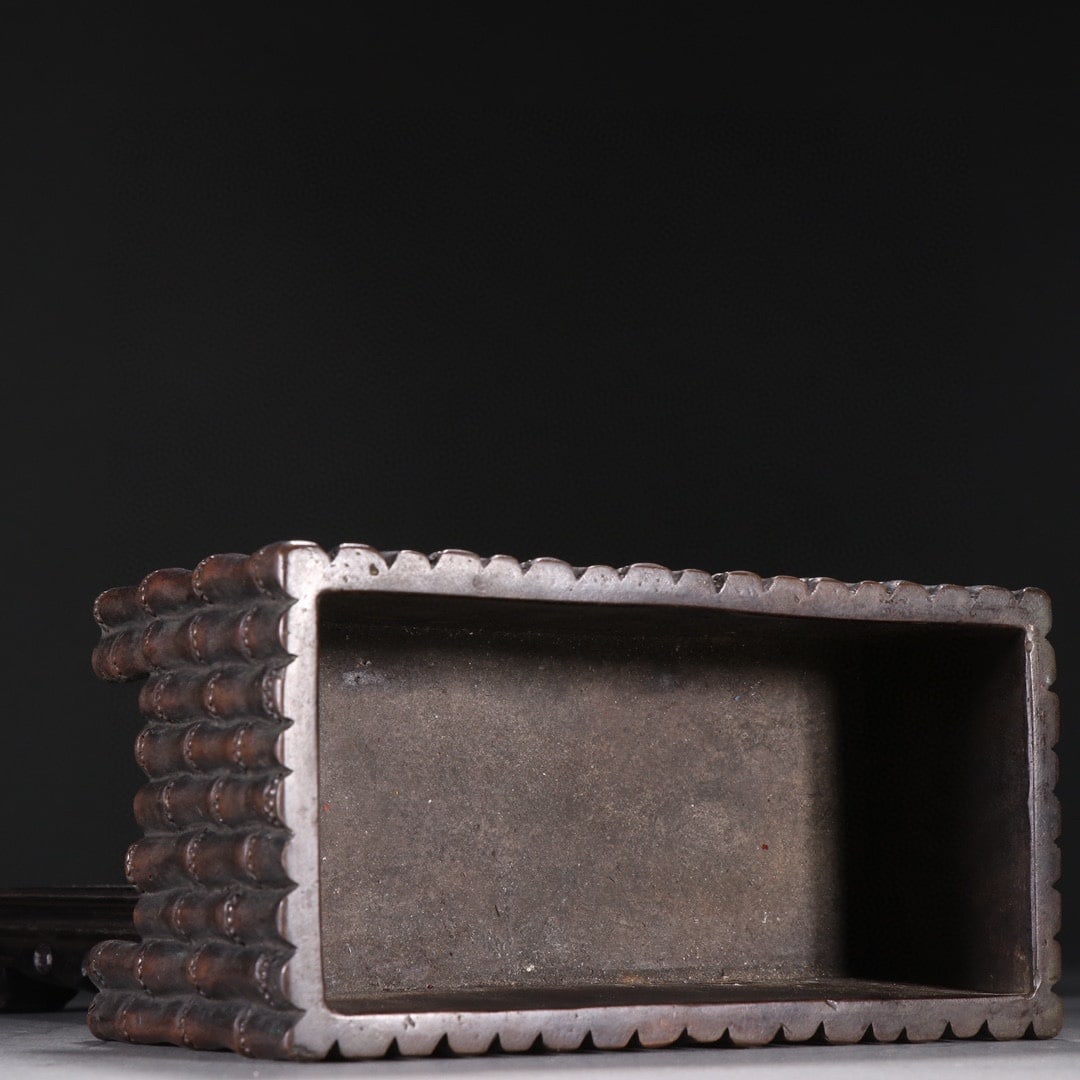 Old Chinese Copper bamboo joint Incense Burner w Zitian Wood Inlay Hetian Jade Lid - 8