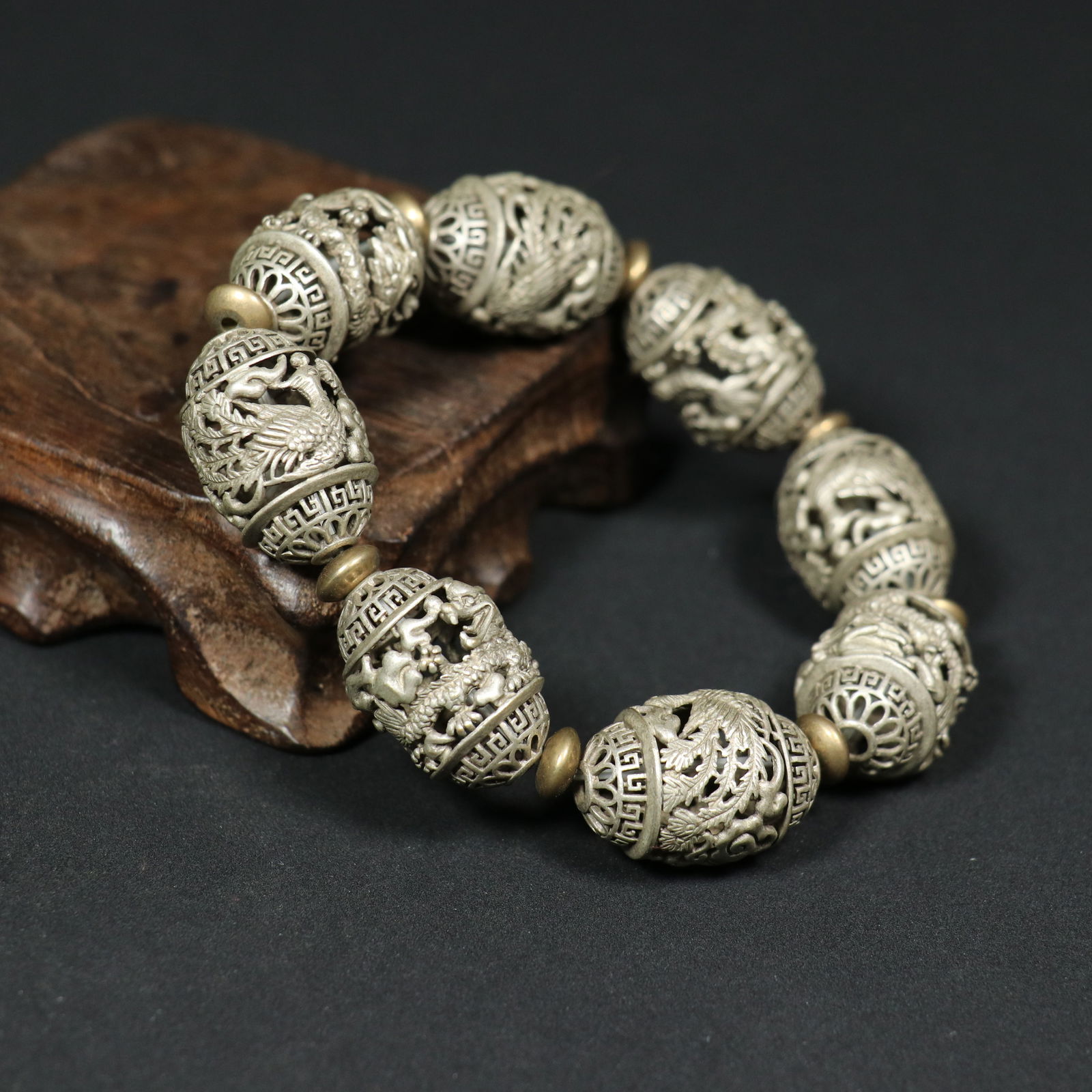 Old Tibetan Silver Dragon Phoenix Hand Chain - 3