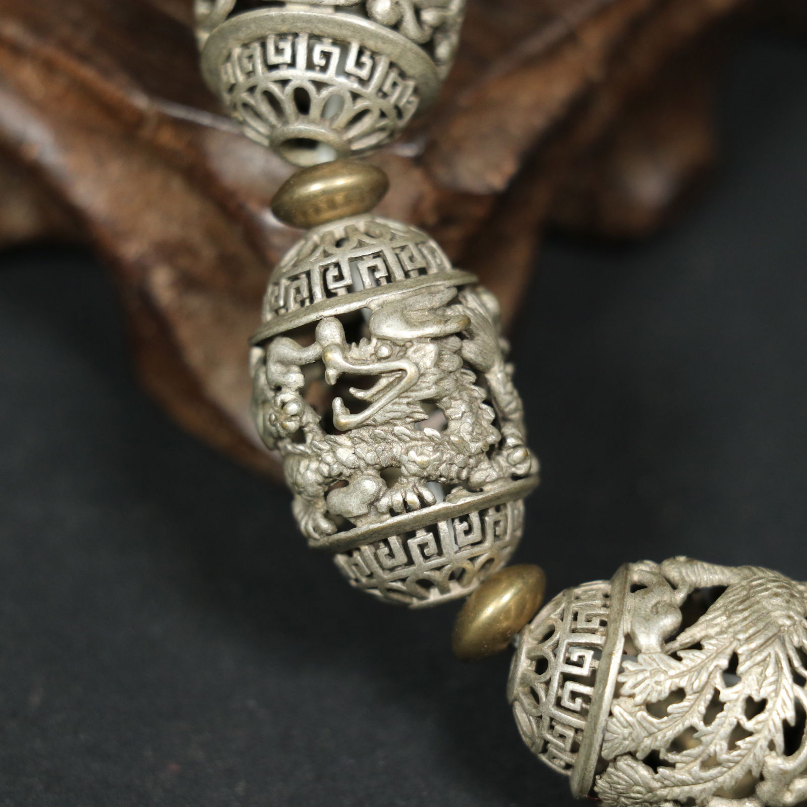 Old Tibetan Silver Dragon Phoenix Hand Chain - 4