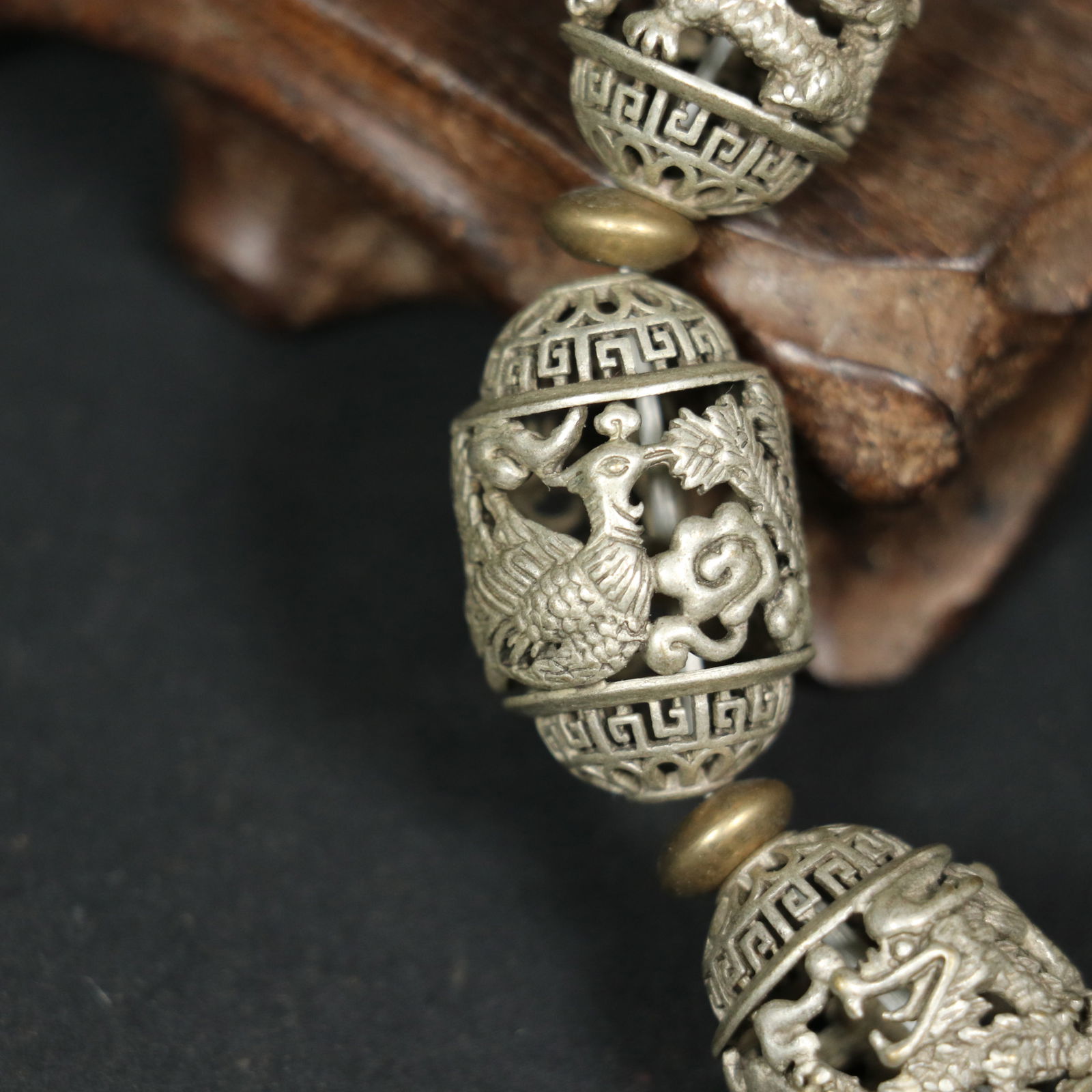 Old Tibetan Silver Dragon Phoenix Hand Chain - 5