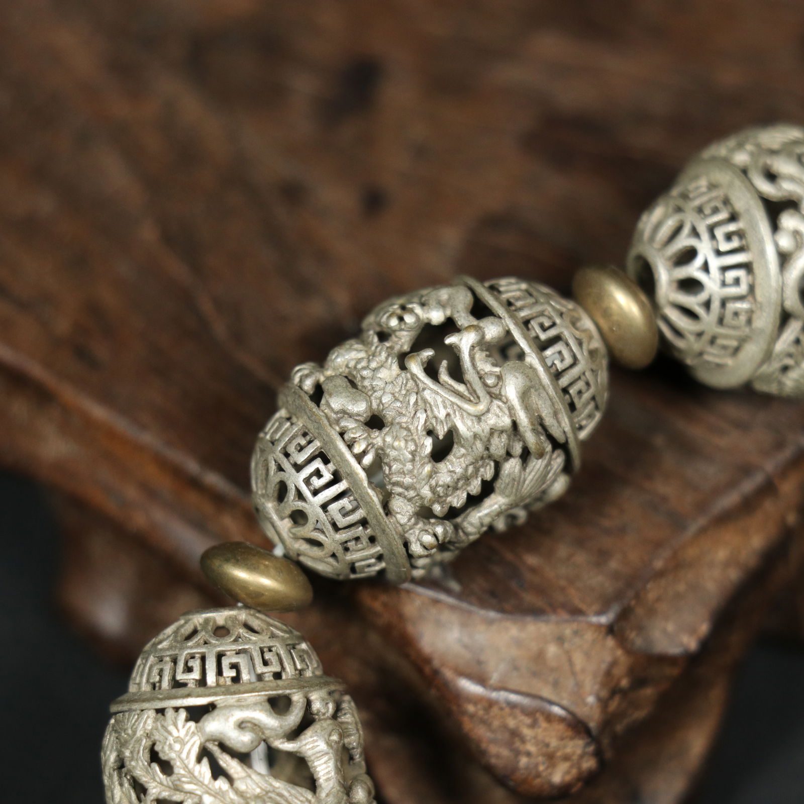 Old Tibetan Silver Dragon Phoenix Hand Chain - 7