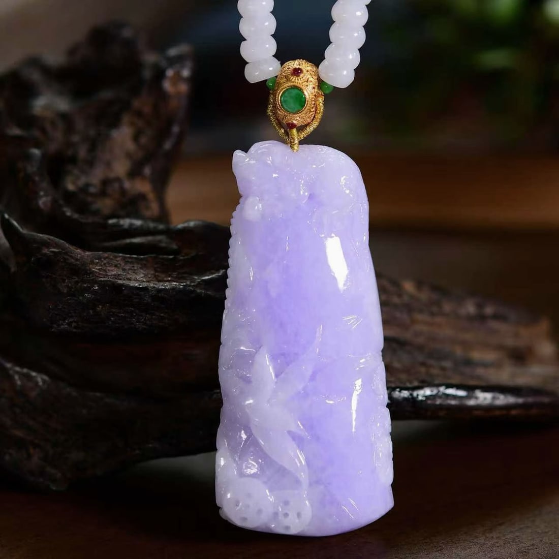 Natural Purple Jadeite Carved Bamboo Pendant w Necklace (1 of 6)