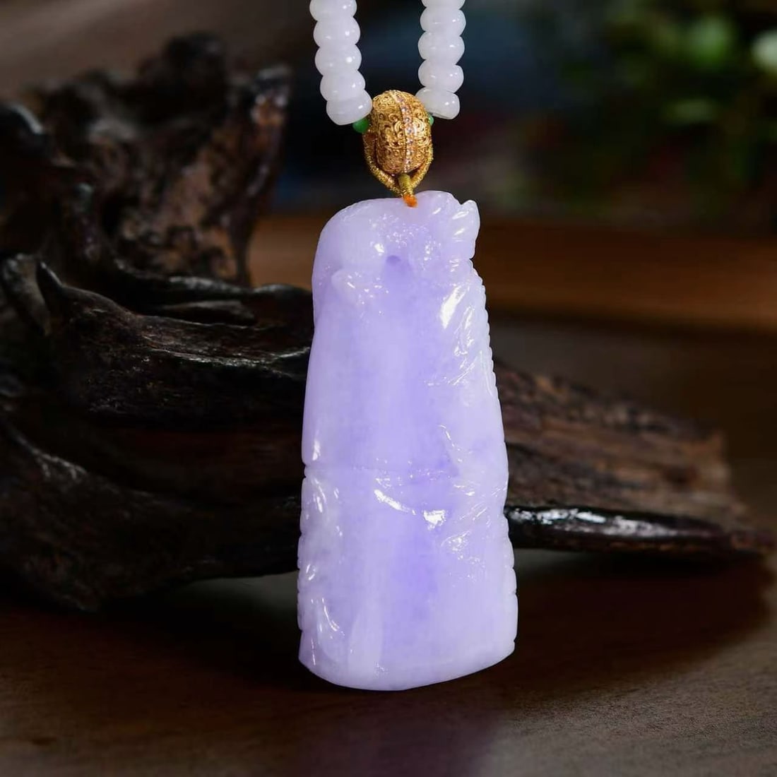 Natural Purple Jadeite Carved Bamboo Pendant w Necklace - 2