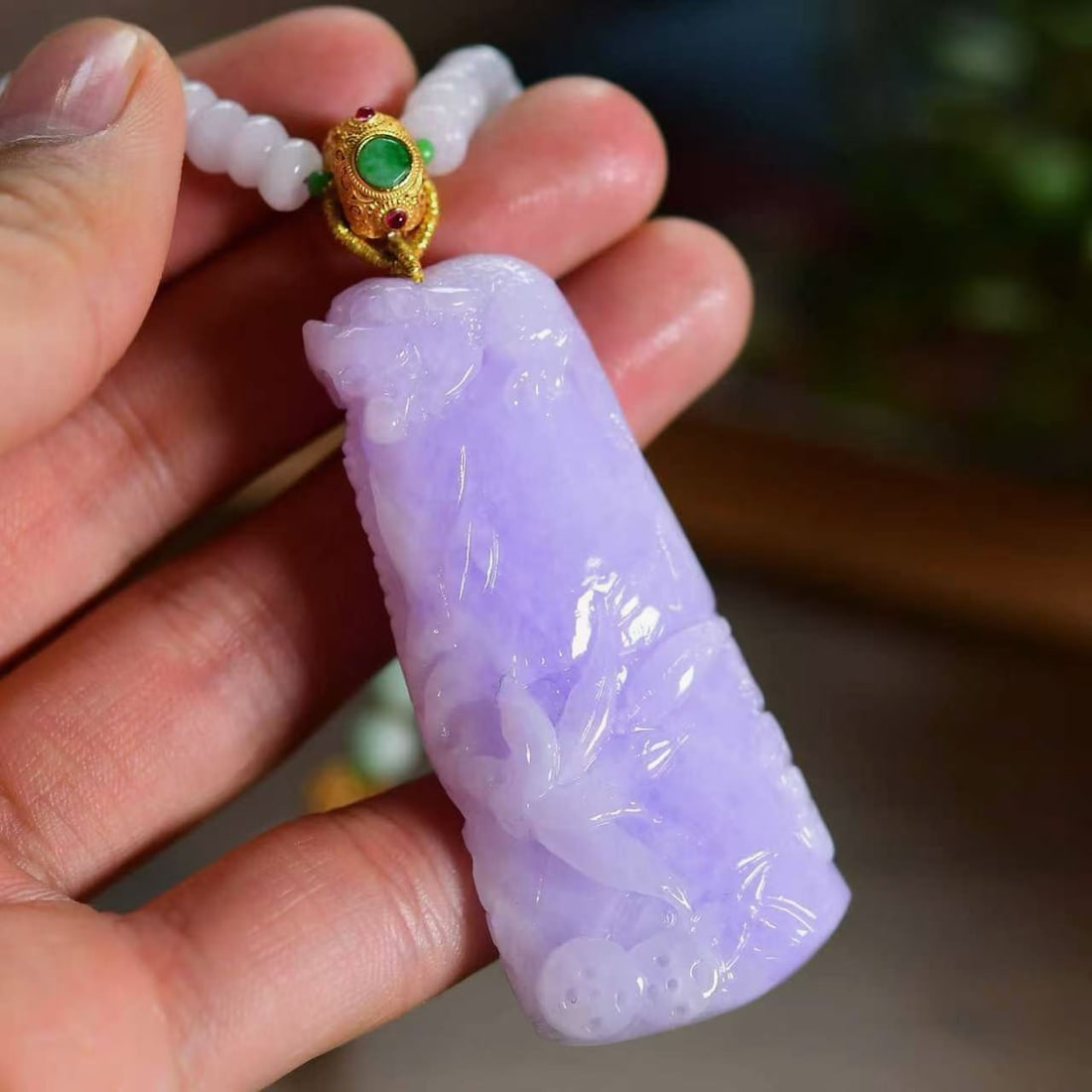 Natural Purple Jadeite Carved Bamboo Pendant w Necklace - 3