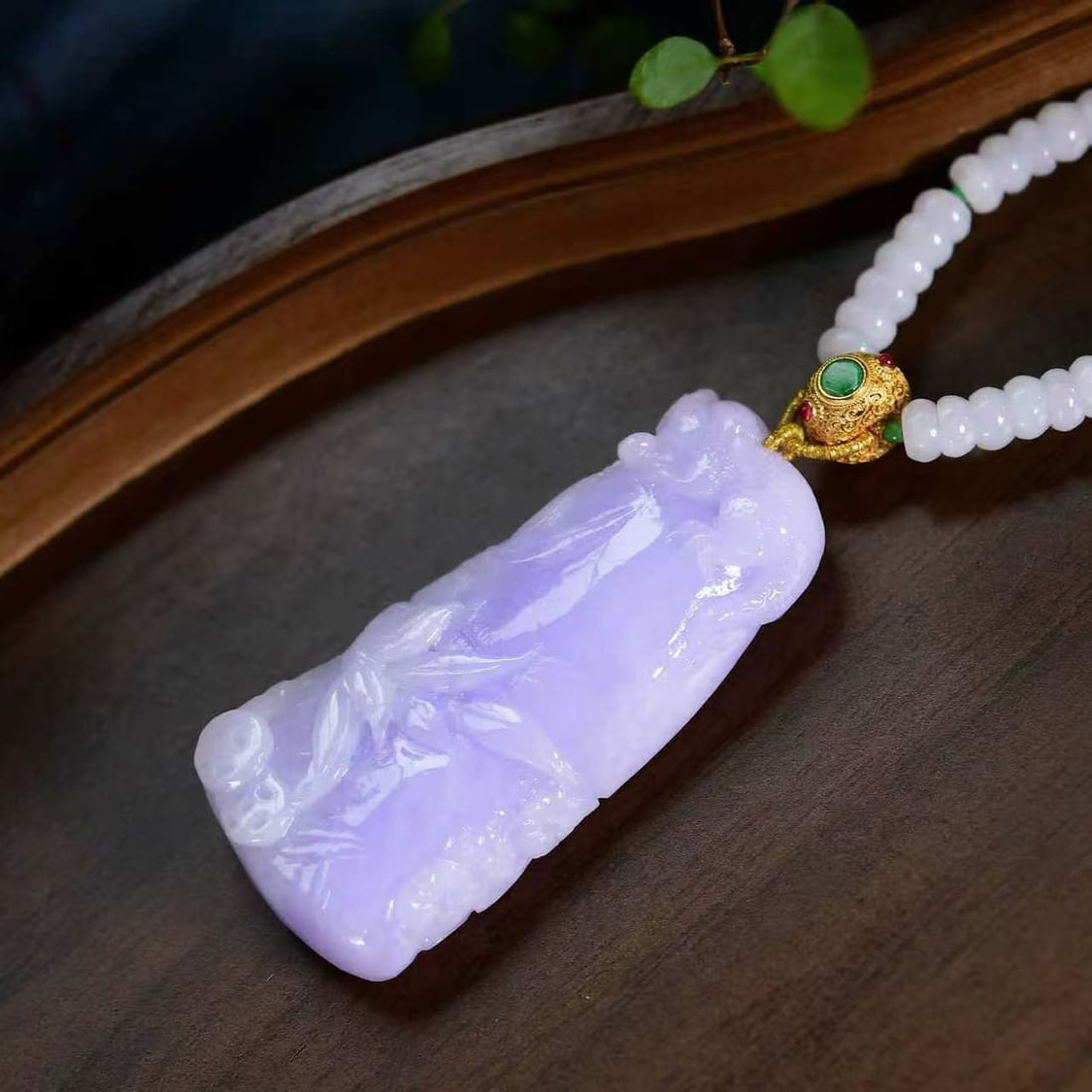 Natural Purple Jadeite Carved Bamboo Pendant w Necklace - 4