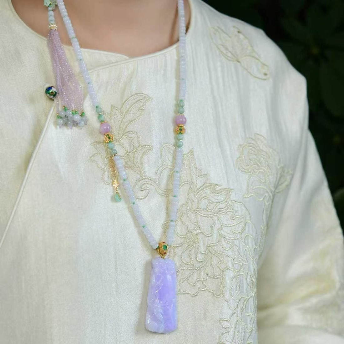 Natural Purple Jadeite Carved Bamboo Pendant w Necklace - 6