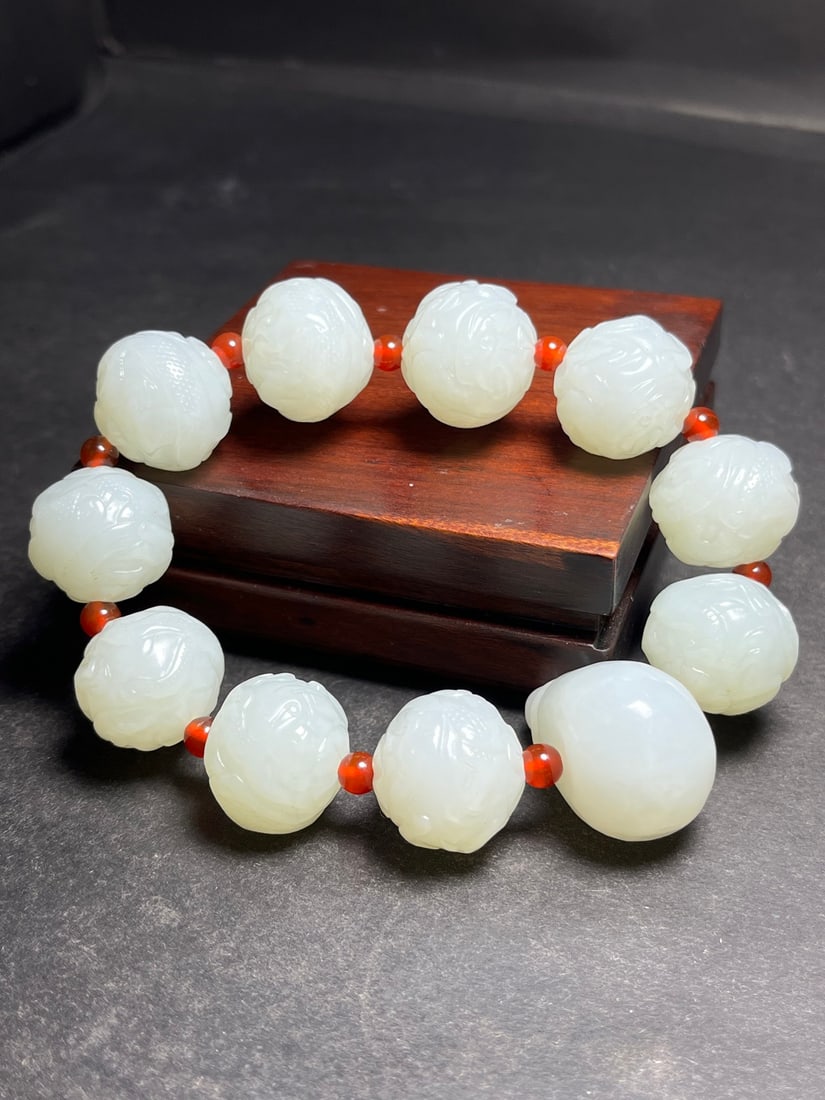 Chinese Hetian Jade Beads Carved Dragon Hand Chain - 5