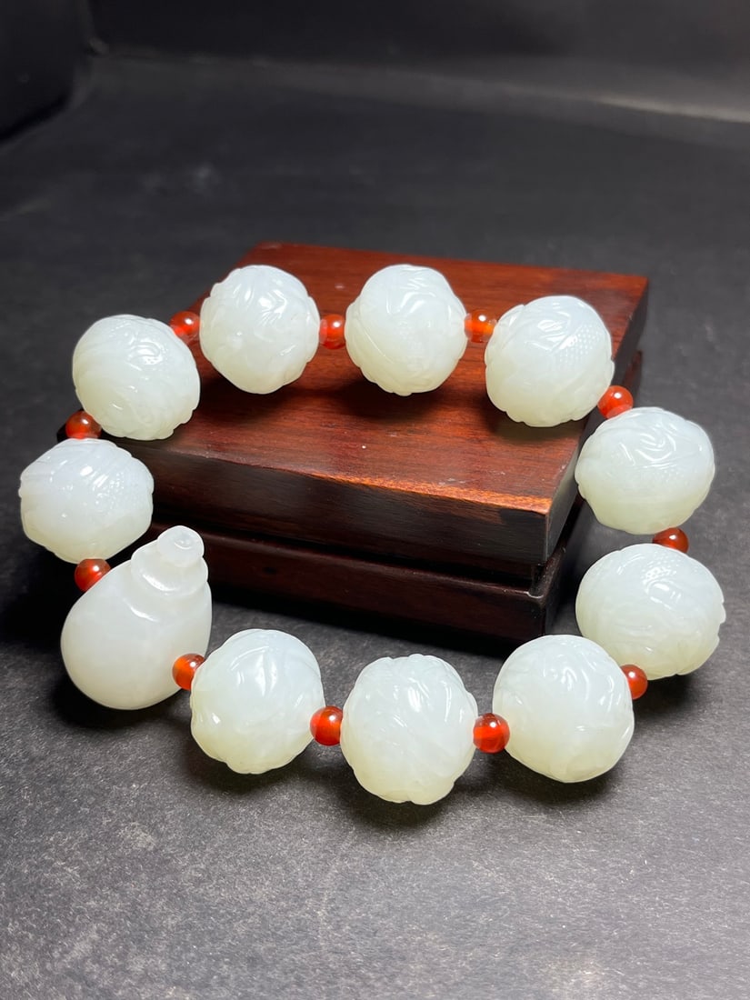 Chinese Hetian Jade Beads Carved Dragon Hand Chain - 6