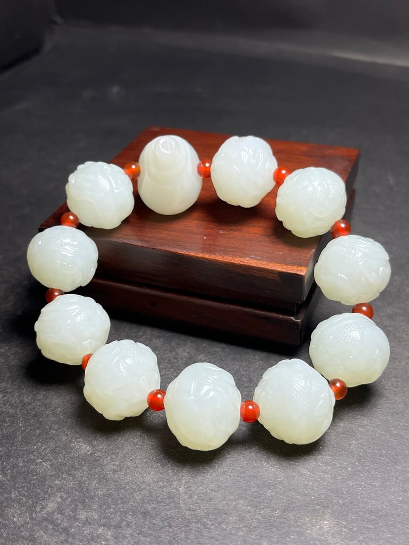 Chinese Hetian Jade Beads Carved Dragon Hand Chain - 7