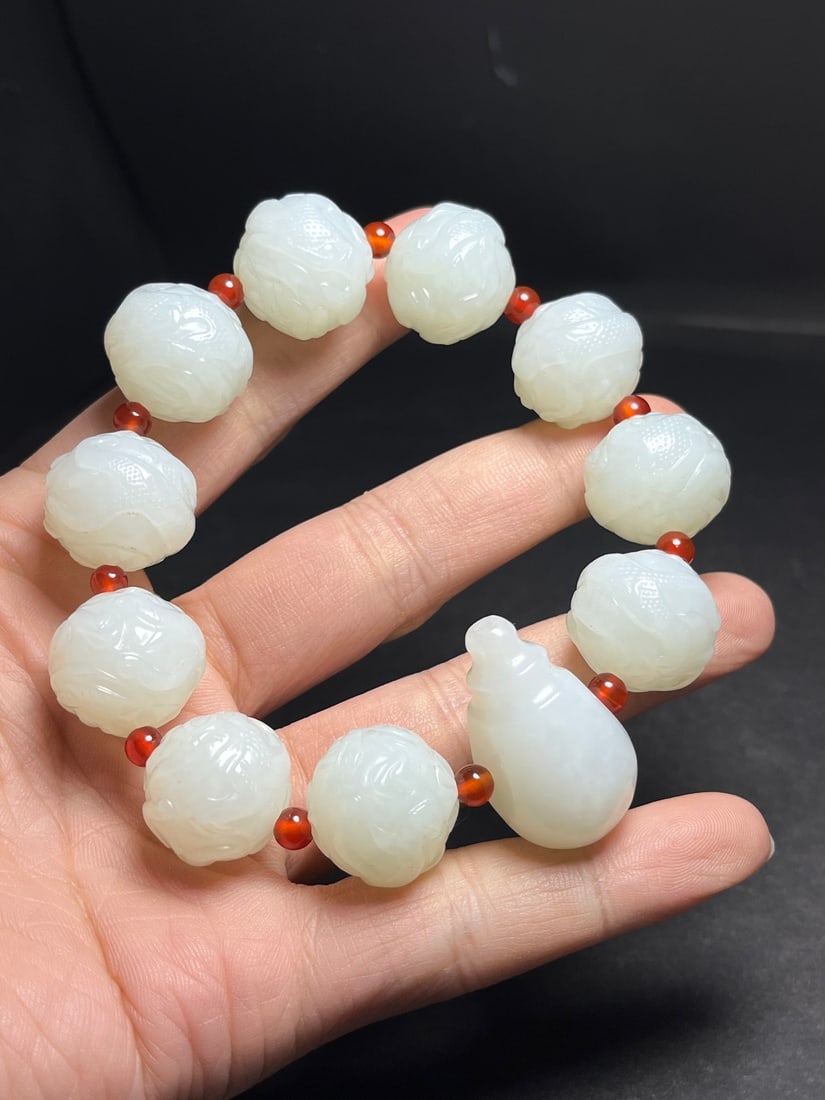 Chinese Hetian Jade Beads Carved Dragon Hand Chain - 9